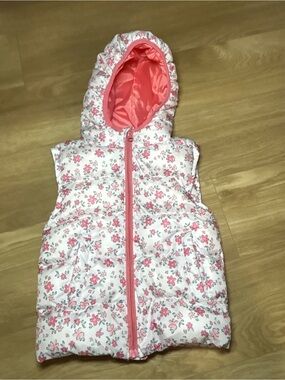 Abella Pink and White Floral Puffer Vest with Hood